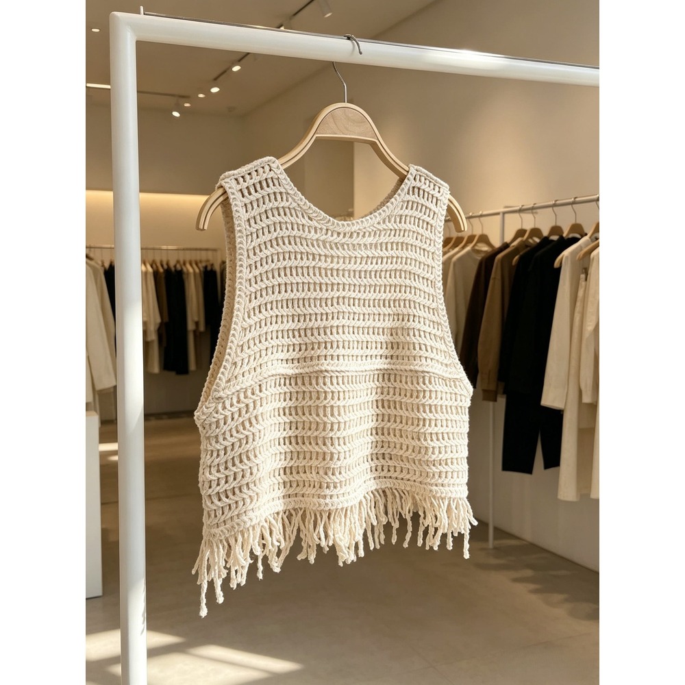 Unbranded Boho Crochet Fringe Vest Cream V-Neck Button Front Sleeveless NEW S/M - Picture 4 of 4